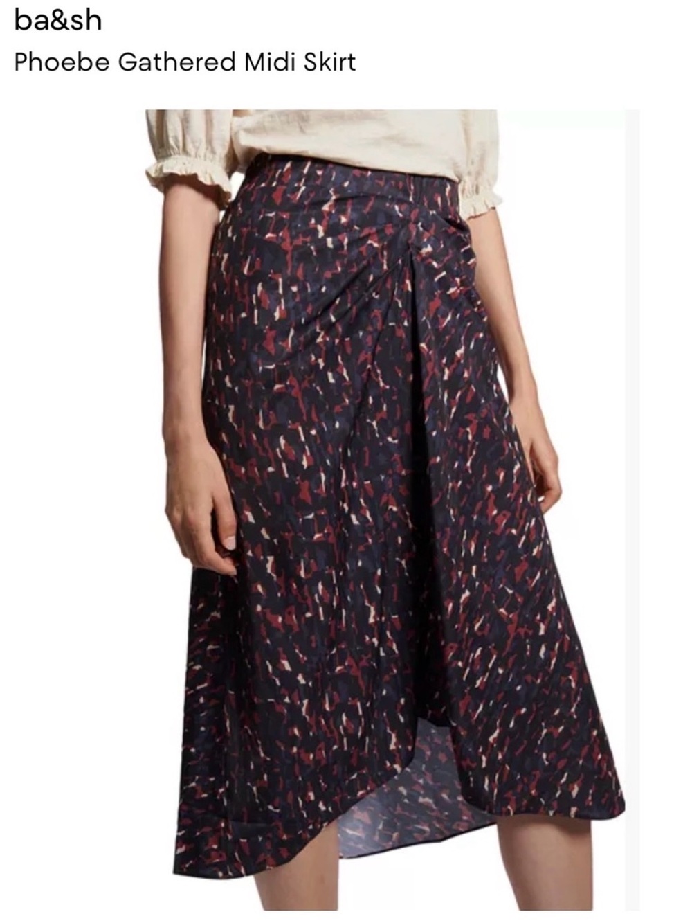 ba&sh Phoebe Gathered Midi Skirt Cream, Navy and Burgundy Abstract Print- L